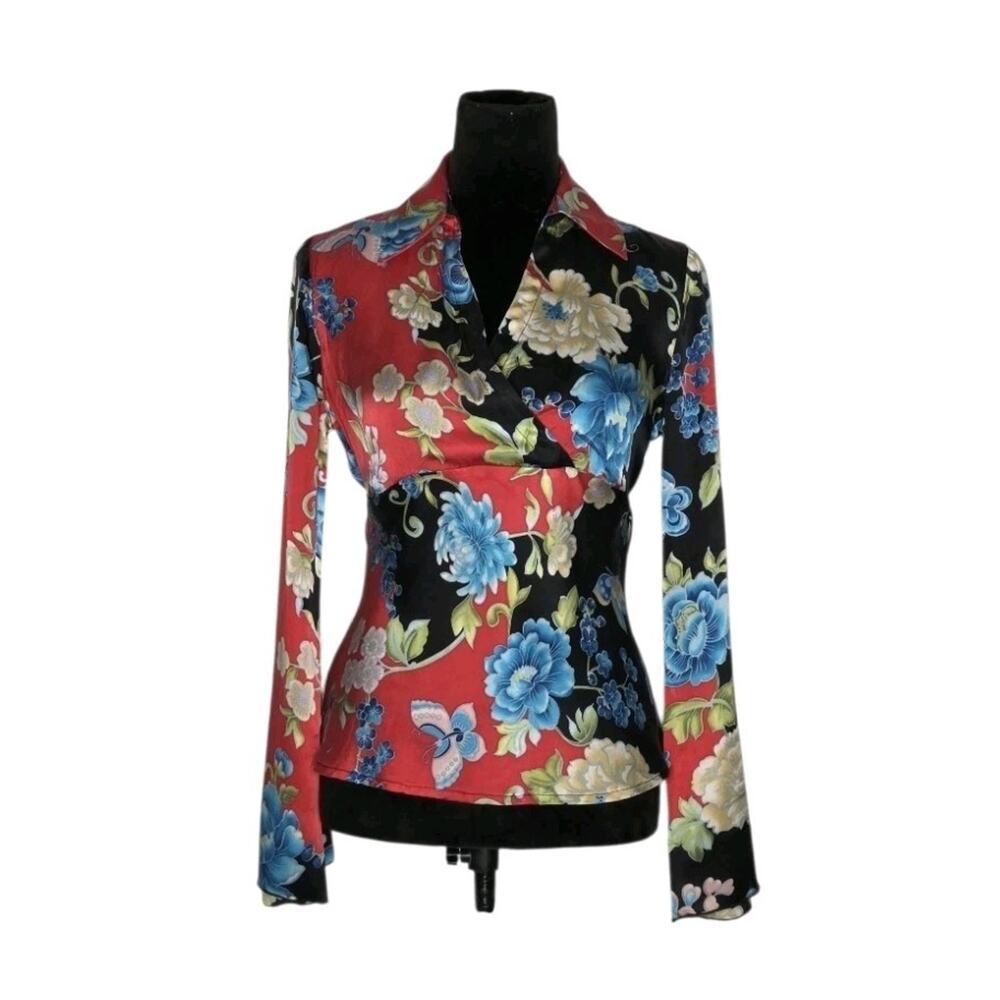 VTG Y2K S.L.B. Silk Butterfly Floral Faux Wrap Tie Waist Flare Sleeve Blouse S